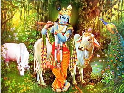 DivineDesigns 61 cm Krishna Ji with Gau Mata Vinyl Sticker Self Adhesive Sticker