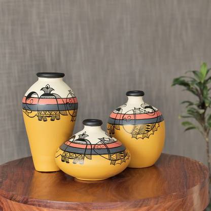 Artysta Warli Hand-painted Set of 3 Beautiful Terracotta Vase