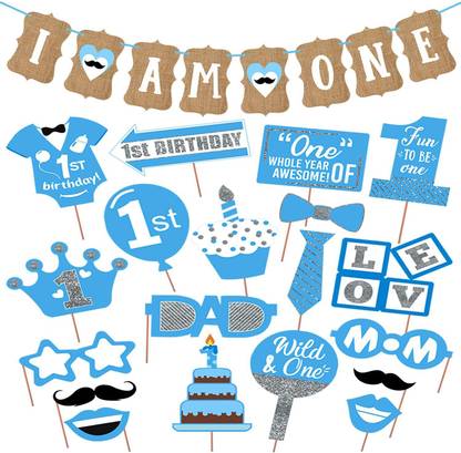ZYOZI 1 Set I Am One Banner for Boys ,19 1st Birthday Photoshoot Props for Boy,1st Birthday Photo booth Props,1st Birthday Photo Props,1st Birthday Banner for Decoration Total 20 Pcs Combo