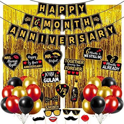 ZYOZI Happy 6 Month Anniversary, Happy 6 Month Wedding Anniversary Decorations with Banner, Foil Curtain, Photobooth Props and Balloons for 6 Month Anniversary Party Decorations (Pack of 43)