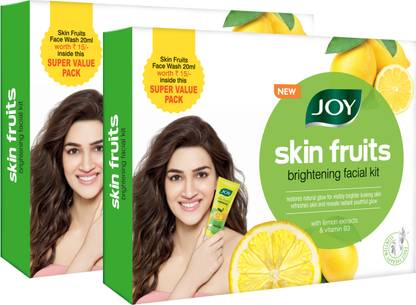 Joy Skin Fruits Brightening Facial Kit | With Lemon & Vitamin B3 | Super Value Pack | For Glowing, Radiant Skin | 4 easy steps 30g + Skin Fruits Brightening ( Lemon ) Face Wash 20 ml ( Pack of 1 X 2 )