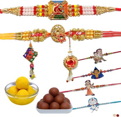 Yuvraj Food Product Mithai Combo Gulab jamun & Rajbhog mithai with Rakhi 1 Couple Rakhi ( Om design (stone ) & Rajasthani Lumbi ) & 2 Kids Rakhi ( 1 kg x 2 ) Sweets comes with Rakhi Special Festival Combo