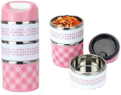 Gyanvi Thermal Lunch Box Stackable Printed Lunch Box, 3-Layer Insulated Food Container for Kids, Adults | Multi Color 3 Containers Plastic, Stainless Steel Office Lunch Box