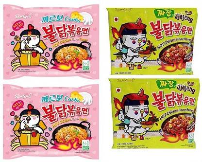 Samyang Buldak Carbo Noodles 2X140 g & Ramen Kimchi Noodles 2X140gm (Pack of 4) (Imported) (Combo Pack) Instant Noodles Non-vegetarian