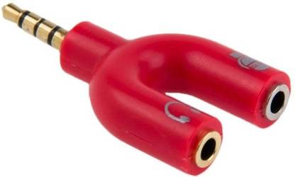 MJ Hub Red 3.5mm U Shape 3 Pin 1 Male to 2 Female EP Stereo Jack Audio Mic Splitter Headset Connector Adapter Compatible with All Mobile Device And PC Desktop Phone Converter