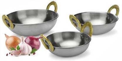 JS Hotelware Stainless steel matt finish serving kadhai set with brass handle Kadhai 12 cm, 14.5 cm, 17 cm diameter 0.25 L, 0.4 L, 0.7 L capacity