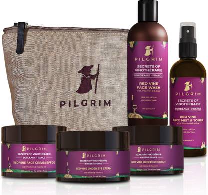 Pilgrim Youthful Skin Day & Night Combo Pack with Jute Bag | Nourish & Repair | Red Vine Face Wash 100ml, Face Mist & Toner 100ml, Day Cream SPF30 50g, Night Cream SPF 30 50gm, Under Eye Cream 30gm | Men & Women