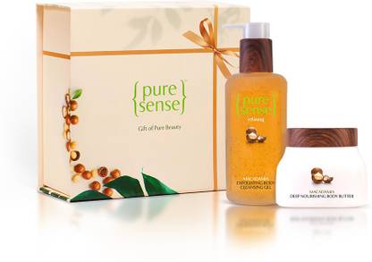 PureSense De-stress Bath & Body Gift Set, Macadamia Exfoliating Body Cleansing Gel 200ml and Deep Nourish Body Butter 140ml