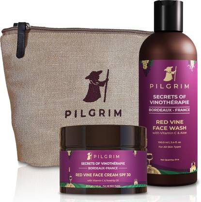 Pilgrim Red Vine Anti Ageing Face Glow Kit with Jute Bag | Deep Cleansing, Moisturising | Reduces Pigmentation | Red Vine Extract Face Wash 100ml, Day Cream SPF 30 50gm | All Skin type | Men & Women