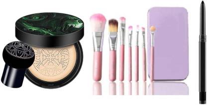 klaty Beauty Air Cushion Mushroom Long Lasting Creamy Liquid BB & CC Foundation for All Skin Foundation with HK set of 7 makeup brushes and 1 Kajal