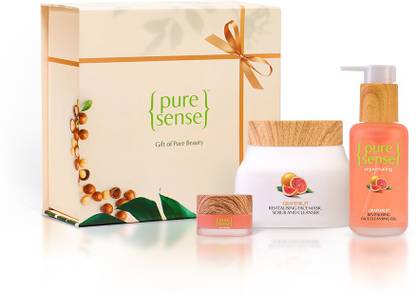 PureSense Vitamin C Infused Skin- Detox Gift Set, Grapefruit Revitalising Face Cleansing Gel 100ml / Face Mask, Scrub, Cleanser 140ml / UV protection Lip Balm 5g