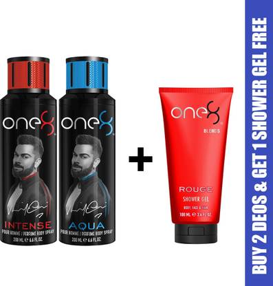 one8 by Virat Kohli One8 Combo Buy 2 Deo's (Aqua+Intense) and Get 1 Shower Gel Free (Rouge) Deodorant Spray  -  For Men
