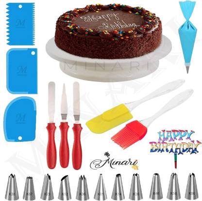 MINARI Cake Decoration Full Set Cake Turn Table,12 Pcs Nozzle, Oil Brush With Spatula4 Pcs Scrapper,3 in 1 knife , happy birthday tag Kitchen Tool Set
