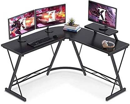 LushTree L Shaped Professional Computer Table with Round Corner & Monitor Stand (Black , Wood , Matte Finish) Solid Wood Computer Desk