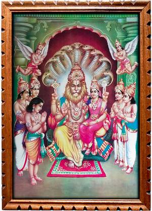 mperor Lord Lakshmi Narasimha Swami Laminated Digital RePrint With Jungle Wood Frame Natural color wirh carving design Size (18 x 13 inch) Religious Frame