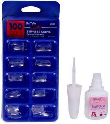 UniTale Professional Cosmetic Grade Artificial Transparent 100 Pieces Reusable Fake Nail Tips With strong Instant Dry 10 ml Brush On Nail Glue Transparent