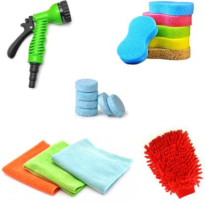 Kanya Car Cleaning Kit,7 Mode Spray Gun,3 Pcs Microfiber Cloths, Foam Sponge, Gloves, Magic Tablet, Combo