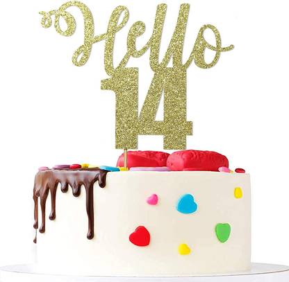 ZYOZI Golden Glitter hello 14 cake topper 14th anniversary cake decoration handmade 14th birthday party cake decoration Cake Topper