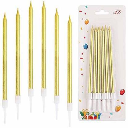 Hippity Hop Gold Gold Birthday Cake Candles 6pcs , Slim Candle, Metallic Long Thin Cake Candle in Holder for Cupcake Wedding
