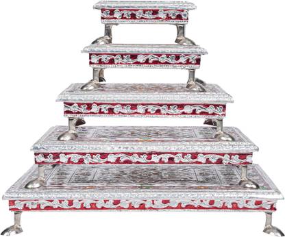Artlance Wooden Handcrafted Silver Meenakari Artwork Chowki/Handmade Meenakari Chowki-Bajot/Multi-Purpose Chowki Set of 5(5"x5")(6"x6")(8''x8'')(10''x10'')(12''x12'')(Silver) Wooden All Purpose Chowki