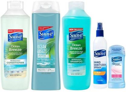 Suave Shampoo + Conditioner + Body Wash + Hand Sanitizer + Antiperspirant Deodorant Family Pack Bundle