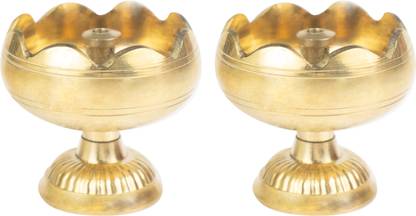 Spillbox Traditional Handcrafted Brass Diya Oil Lamp for Home Temple Puja Articles Decor Gifts Brass (Pack of 2) Table Diya