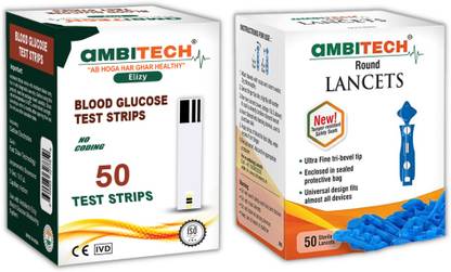 AMBITECH Elizy 50 Blood Glucose test Strips and 50 Round Lancets 50 Glucometer Strips