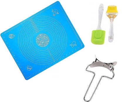 RUDRA SALES INDIA Silicone Baking Sheet, Roti chapati Rolling Baking Sheet mat-1 Pic.| Stainless Steel Puri Cutter-1 Pic.| Oil Brush Spatula - 2 Pic.( Multi Color) (Pack of 4) Kitchen Tool Set