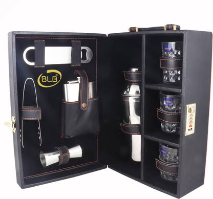 BLB Borsi leathers 3 glasses black bar set premium bottle Opener handy-GPBLP006 9 - Piece Bar Set
