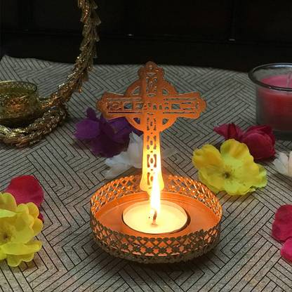 GadinFashion 4 Inch Metal Cross Shadow Tealight Candle Holder for Home Decoration / Festive / Gifting, Golden Color, Pack of 1 Iron Tealight Holder