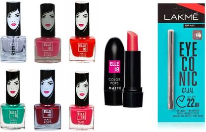 elle 18 nail pops 27, 68, 61, 42, 69, 128, color pops matte p26 deep black eyconic kajal