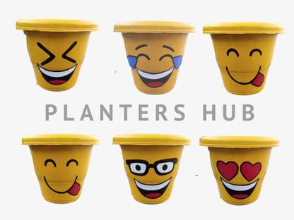 Planters Hub Smiley emoji designer plastic pots Plant Container Set