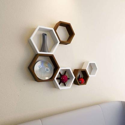 Samrah Hexagon Shape Wall Mounted Shelf Rack Designer for Living Room Set of 6 MDF (Medium Density Fiber) Wall Shelf