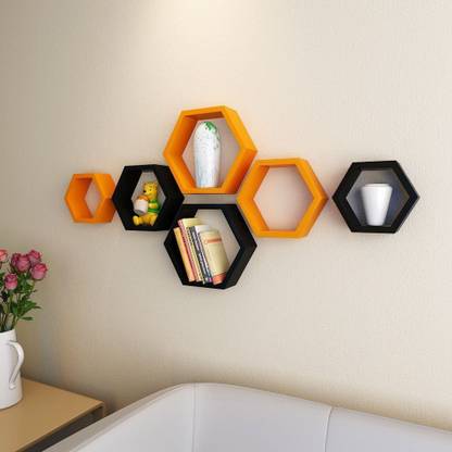 Samrah Hexagon Shape Wall Mounted Shelf Rack Designer for Living Room Set of 6 MDF (Medium Density Fiber) Wall Shelf