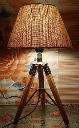 WAVE NAUTICAL Wooden Tripod Table Lamp with Jhoot Shade Lamp Beautiful Design Home Decor Sagwan Wooden Tripod Poly Table Tripod Lamp Table Lamp