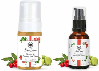 Seer Secrets Rosehip Vitamin C Foaming  for Brighten Skin | Remove Dead Skin | Clean Pores - 120 ml & Niacinamide Vitamin-C Serum for Radiant Glow | Brighten Complexion Face Wash