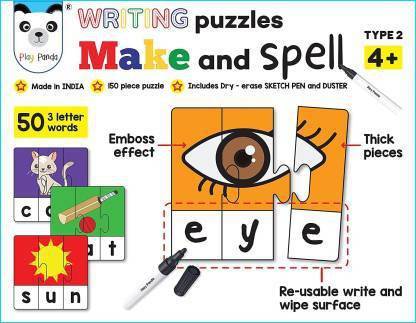 INFINITE POCKET Make and Spell Type 2 - 150 Piece Spelling Puzzle - Learn to Spell 50 Three Letter Words - Educational Puzzles with Unique Write and Wipe Feature - Beautiful Colourful Pictures