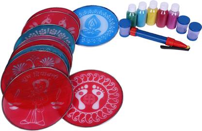 Vardhman Complete rangoli kit, includes 10 pcs 8 " round stencils, 5 color bottles 100 gm each ,1 rangoli pen ,3 color fillers Rangoli Stencil