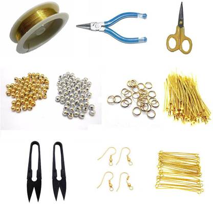 Dhruv Crafts Jewellery Making Material Item Included Beading Wire, Nose Pliers, Scissors, Cutter, Beads, Jump Rings, Head Pin, Eye Pin & Ear Clasps. (Gold)