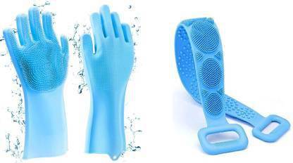 TREZILA Combo Silicone Cleaning Wash hand scrubber Gloves pair for utensils bathroom vehicle Wash scrub, 2 Pair + Bathing towel type Double sided Scrubber Belt Brush for Body Back, Color Random