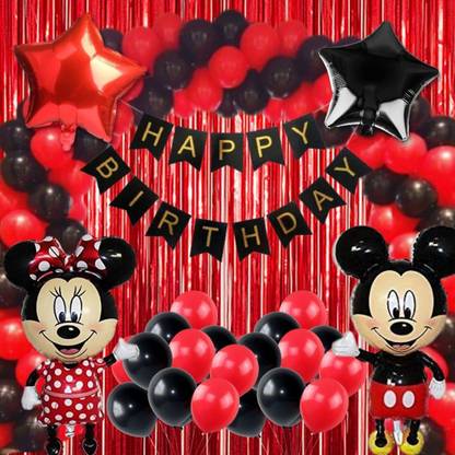 Wonder Mickey-Minnie Mouse Jumbo Combo,Black Happy Birthday Banner 50 Red,Black Balloons 2 Red Curtain 2 18inch Star Set of 57