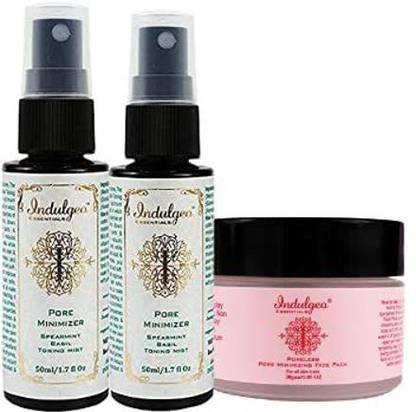 Indulgeo Essentials Poreless Skin Combo - Pore-Minimizing Face Pack (30gm) + 2 Pore Minimizer Spearmint And Basil Toning Mist (50ml+50ml) | Pore Tightening - 100% Organic | Skincare Combo, Acne Control , Skin Pore Treatment , Detan Removal Combo Pack | Made In India, Cruelty & Chemical Free