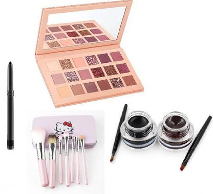 klaty Smudge Proof HDA64 Makeup Beauty Kajal & Black & Brown Gel Eyeliner & Long Lasting Set of 7 Beauty Makeup Brush & Nude Eyeshadow Palette (11 Items in the set)