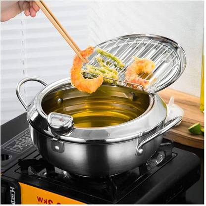 VACULACE Deep Fryer Pot With Thermometer And Oil Drip Drainer Rack 2200 ML Stainless Steel Deep Frying Pot Japanese Style Deep Frying Pan Tempura Pot 35 cm diameter 2 L capacity with Lid