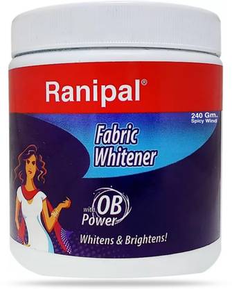 spicy wind Ranipal Fabric Whitener assures whiteness & removes tough stains. It is suitable for use on White Cottons & Terrycots. Ranipal Fabric Whitener should be used BEFORE washing clothes with detergent. ... A special formula of this range is provided with OB power provides extra sparkling shine to the clothes 240 Gm Fresh Fabric Whitener