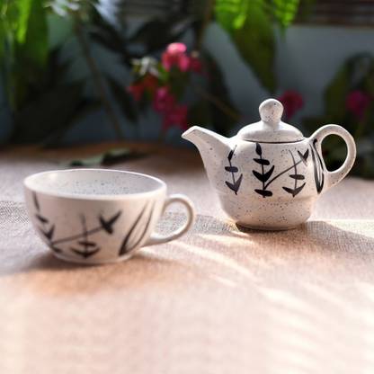 Unravel India Unravel India Ceramic Single Tea Pot Set Cup Tray Serving Set