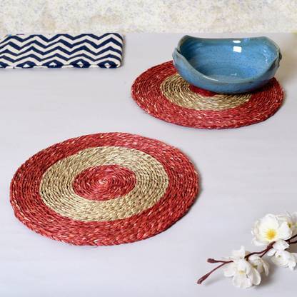Unravel India Sabai grass circular red & brown dish coaster set Sabai Grass Work Trivet