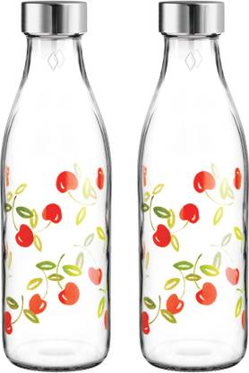 TREO Ivory Premium Glass Printed Bottle, Set of 2, 1000 ml Each, Red Cherries 1000 ml Bottle