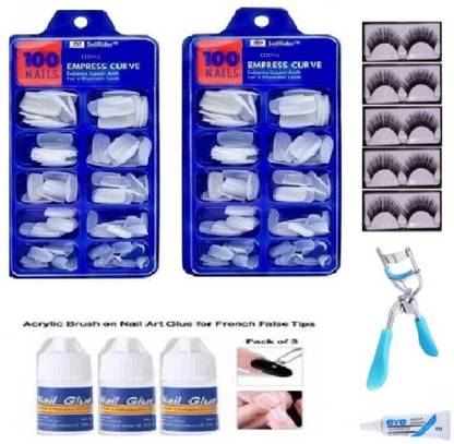 CHIWA TWO SET OFTWO SET OF 100 nail, 3glue off white & False Eyelashes-Set of 5, Eyelashes Glue & Eyelash Curler (Total Pack of 12) (4 Items in the set)
