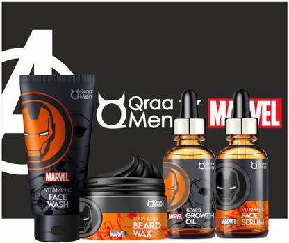 Qraa Men Iron Man Frame Freezer -Anti Ageing Kit for Men with Vitamin C | Face Wash, Hair & Beard Wax, Vitamin C Serum, Beard Growth Oil